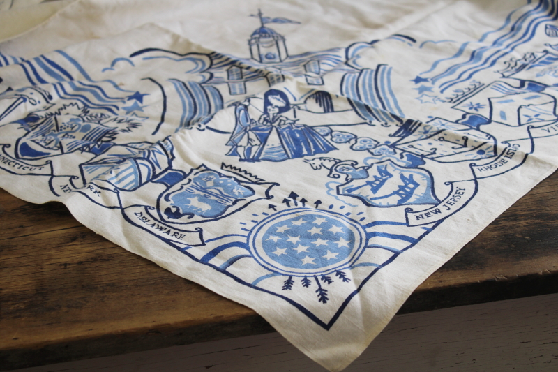 vintage print linen tablecloth, blue  white colonial Americana print early colonies state emblems