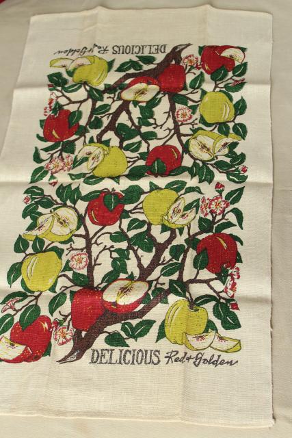 vintage print linen tea towel, red and golden yellow delicious apples fruit