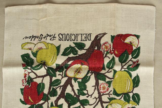 vintage print linen tea towel, red and golden yellow delicious apples fruit