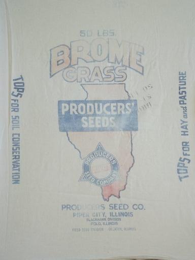 vintage printed cotton farm pasture seed sack, state of Illinois graphics