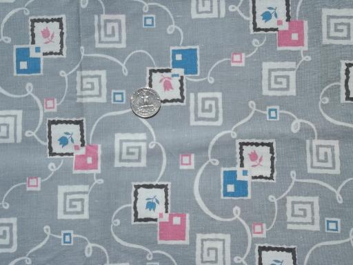 vintage printed cotton feed sack fabric, retro pink & grey print feedsack
