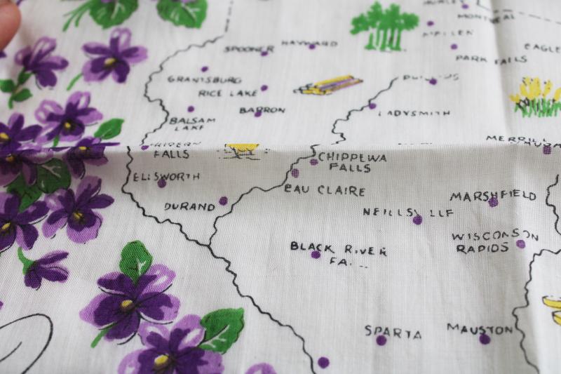 vintage printed cotton hanky, Wisconsin map print handkerchief state souvenir