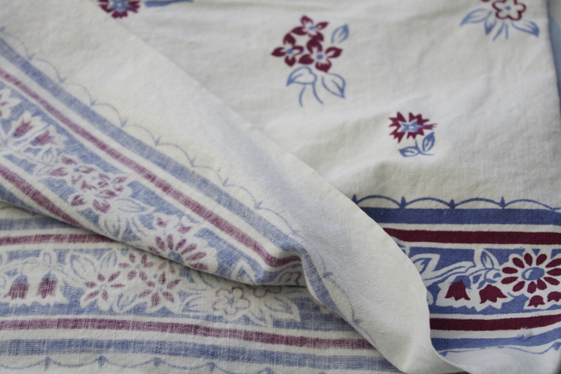 vintage printed cotton kitchen tablecloths, fruit prints  florals in shades of blue, wine purple