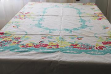 vintage printed cotton tablecloth for kitchen table, fruit print aqua, red and yellow