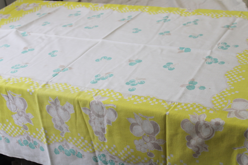 vintage printed cotton tablecloth for kitchen table, fruit print aqua  yellow