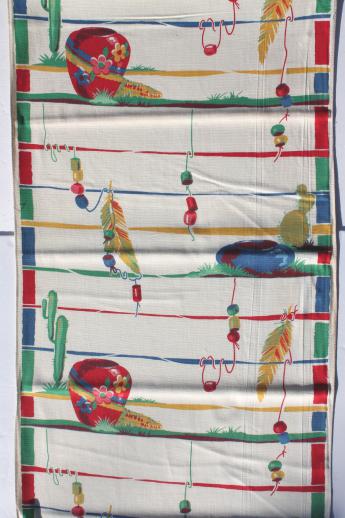 vintage printed cotton towel fabric w/ Mexican cactus print, unused 1940 kitchen linens yardage