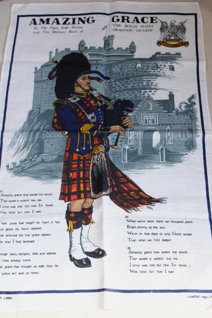 vintage printed linen tea towel, Amazing Grace lyrics bagpiper print, souvenir of Scotland
