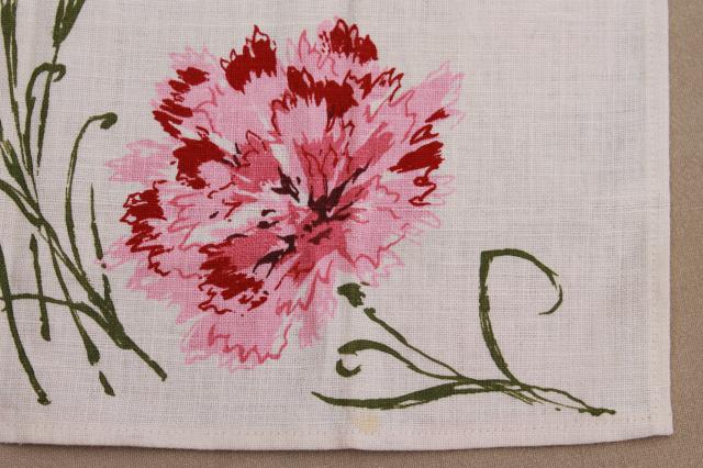 vintage printed linen tea towel w/ cottage flowers, red & pinks carnations