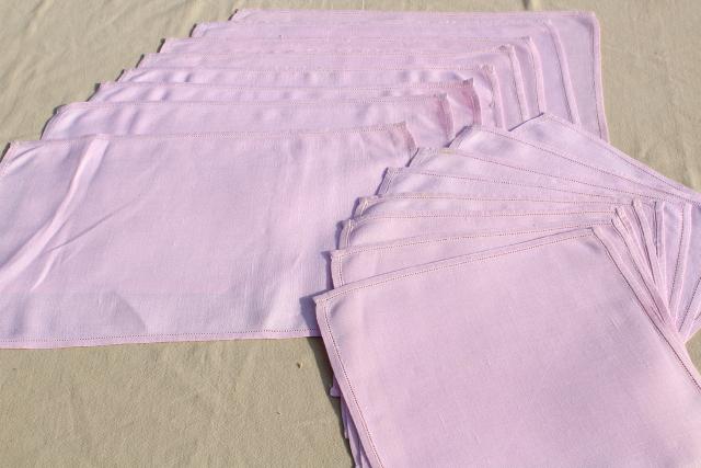 vintage pure Irish linen placemats & napkins set w/ hemstitching, pretty pale pink table linens