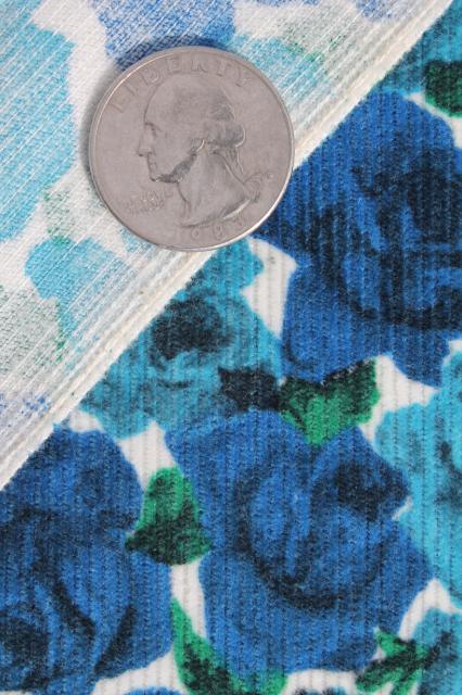 vintage pure cotton corduroy fabric pinwale pincord w/ retro blue roses print