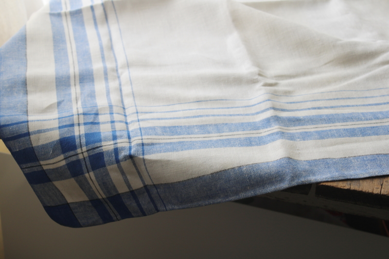 vintage pure flax linen kitchen tablecloth, blue  white linen french country style