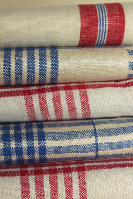 vintage pure linen kitchen towels red & blue checked, rustic french country farmhouse
