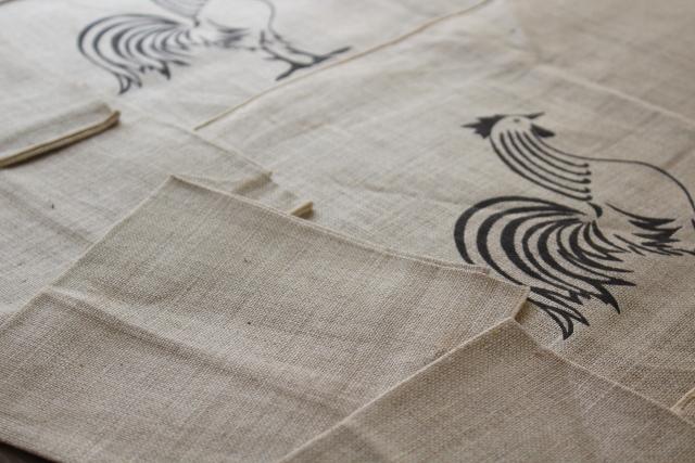 vintage pure linen napkins & place mats w/ rooster chicken print black on flax