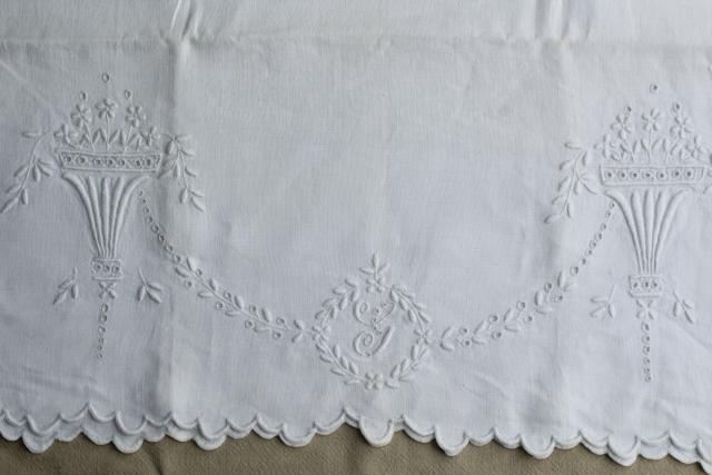 vintage pure linen pillowcase, whitework embroidery G monogram, french country style