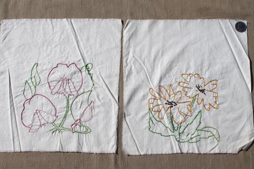 vintage quilt blocks, lot of embroidered flowers cotton squares for album quilt