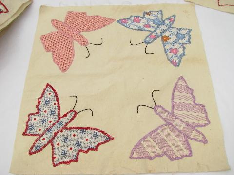 vintage quilt top blocks, hand-stitched patchwork applique butterflies, old cotton print fabric