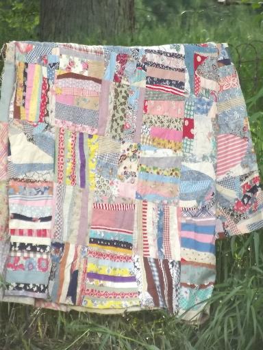 vintage quilt top, hand-stitched crazy quilt patchwork in cotton print fabric