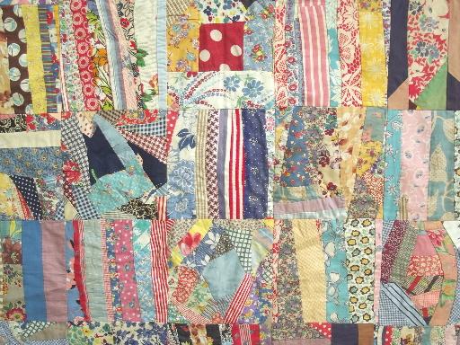 vintage quilt top, hand-stitched crazy quilt patchwork in cotton print fabric