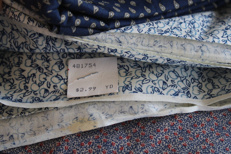 vintage quilting fabric lot shades of blue, cotton calico  prints, large pieces scraps