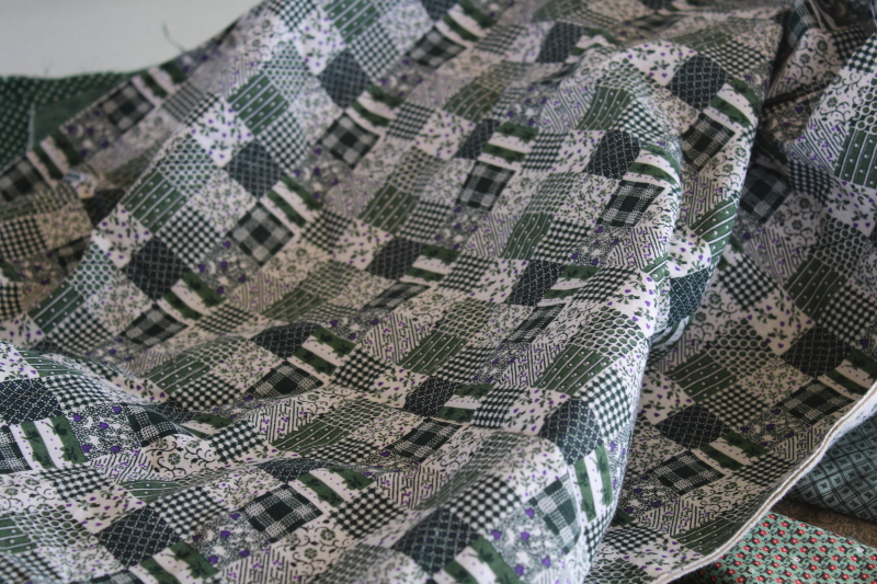 vintage quilting fabric lot shades of green, cotton calico  prints, large pieces scraps
