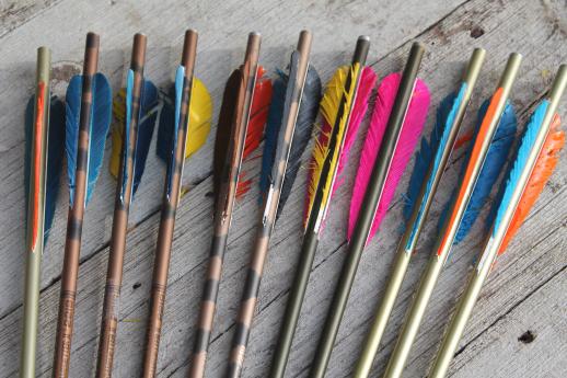 vintage quiver of arrows, old archery equipment assorted Easton arrows, cabin  decor