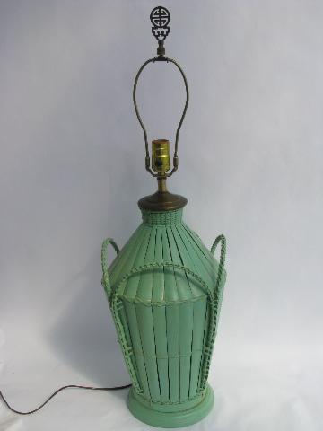 vintage rattan wicker table lamp, pretty jadite green paint