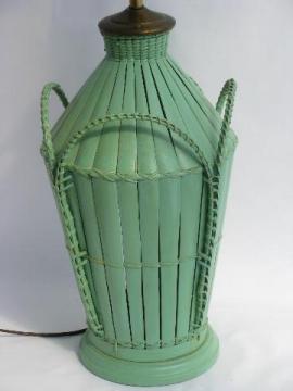 vintage rattan wicker table lamp, pretty jadite green paint