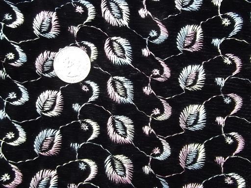 vintage rayon / cotton velvet fabric w/ multi colored embroidery on black