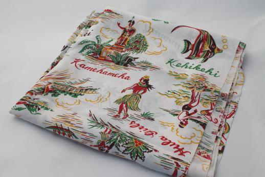 vintage rayon fabric, 40s 50s Hawaiian print fabric w/ surfers & hula girls