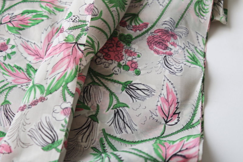 vintage rayon georgette fabric, silky dress or shirt material pink  green floral on gray