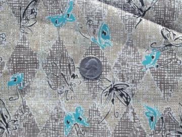 vintage rayon or silky poly fabric, butterfly print aqua and shades of brown