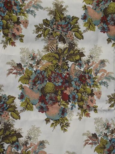 vintage rayon taffeta fabric, large birds fruit flowers print on white