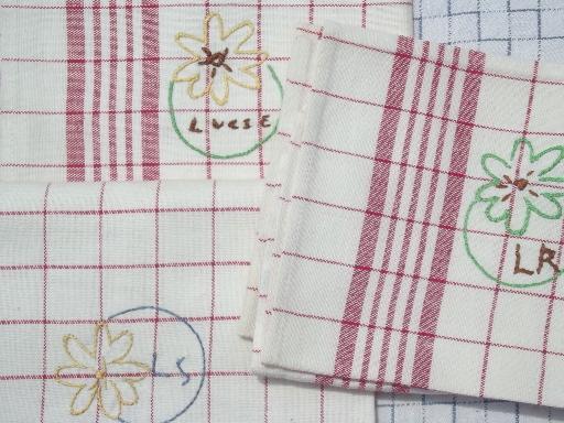 vintage red & blue cotton kitchen tea towels, embroidered dishtowels lot