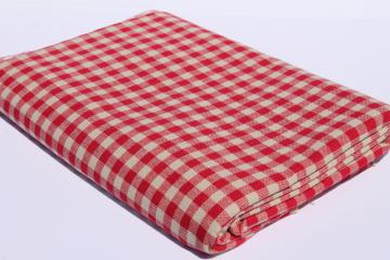 vintage red checked flax linen fabric, french farmhouse or bistro tablecloth / kitchen towel cloth