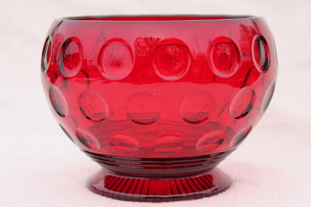 vintage red glass flower bowl vase, dots thumbprint coin spot pattern pressed glass