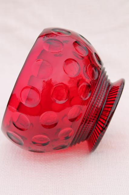 vintage red glass flower bowl vase, dots thumbprint coin spot pattern pressed glass