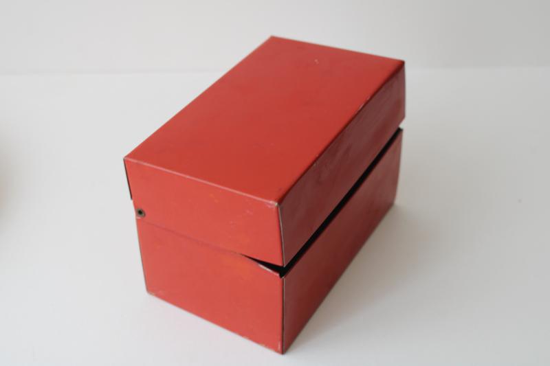 vintage red metal file card box, recipe cards box for retro kitchen recipes