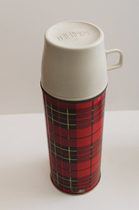 vintage red plaid tartanware Thermos w/ plastic stopper  mug, for camping or lunchbox