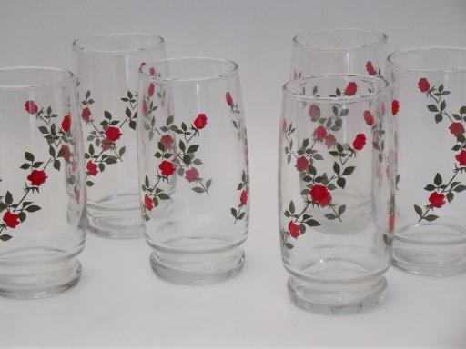 vintage red rose tumblers, set of 6 flowered print drinking glasses