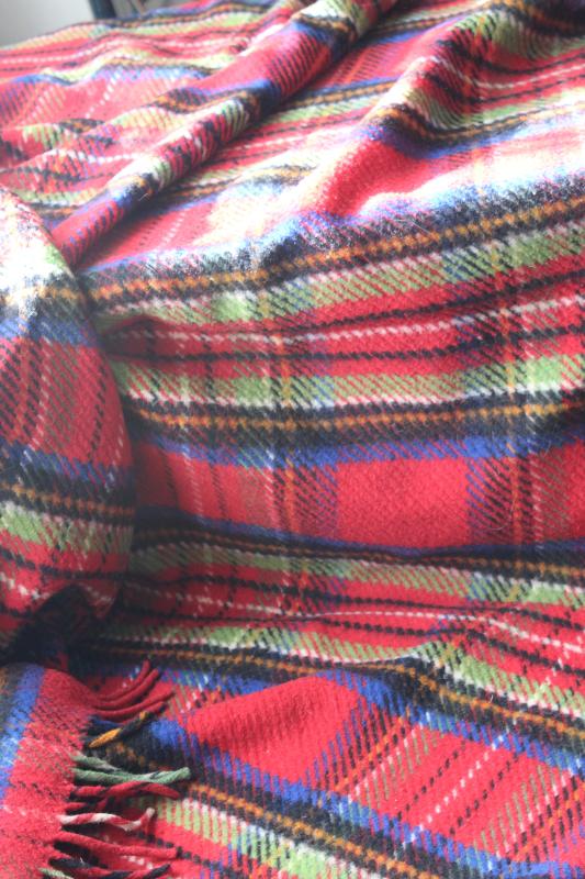 vintage red tartan plaid camp blanket, cozy heavy wool throw w/ fuzzy fringe