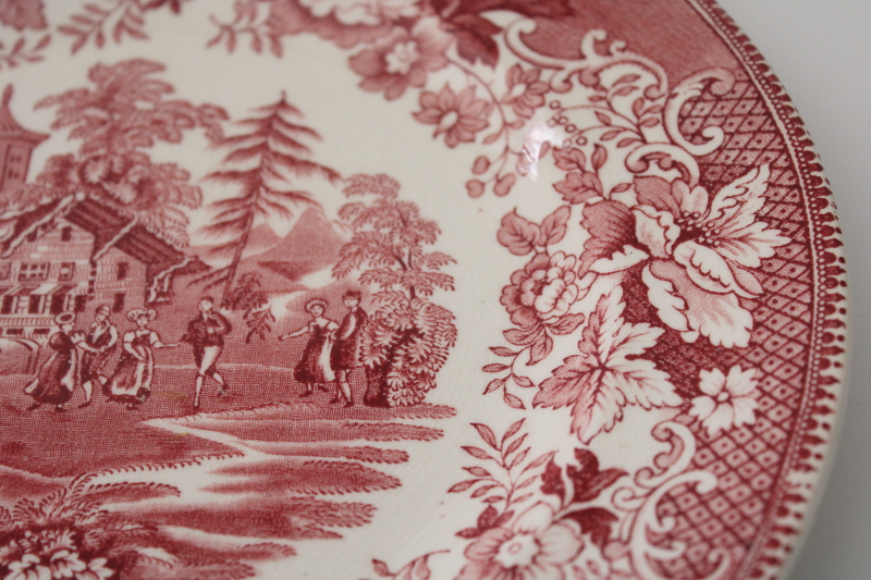 vintage red transferware china dinner plate, Avon Cottage English folk dancers print