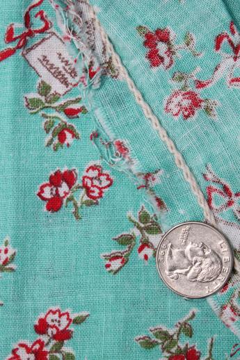 vintage red / turquoise print cotton feedsack fabric, sewn sack w/ original chain stitching