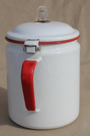 vintage red & white enamelware coffee pot, red band enamel primitive farm kitchen cookware