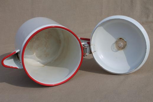 vintage red & white enamelware coffee pot, red band enamel primitive farm kitchen cookware