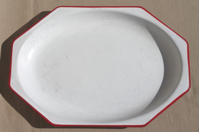 vintage red & white enamelware tray, 1930s art deco kitchenware octagon shaped platter