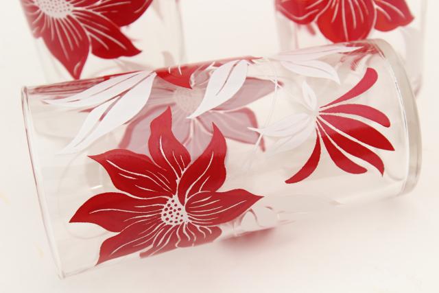 vintage red & white flower print drinking glasses, holiday poinsettia swanky swig tumblers