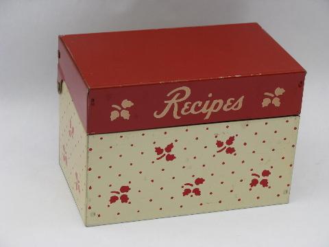 vintage red / white metal litho recipe cards file box, kitchen recipes