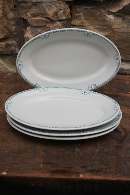 vintage restaurant china oval platter plates, white ironstone w/ aqua border