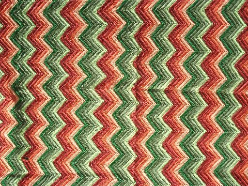 vintage ripple crochet afghan, retro striped shades of green & brown