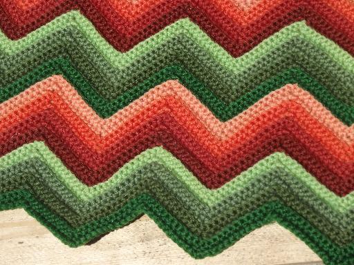 vintage ripple crochet afghan, retro striped shades of green & brown